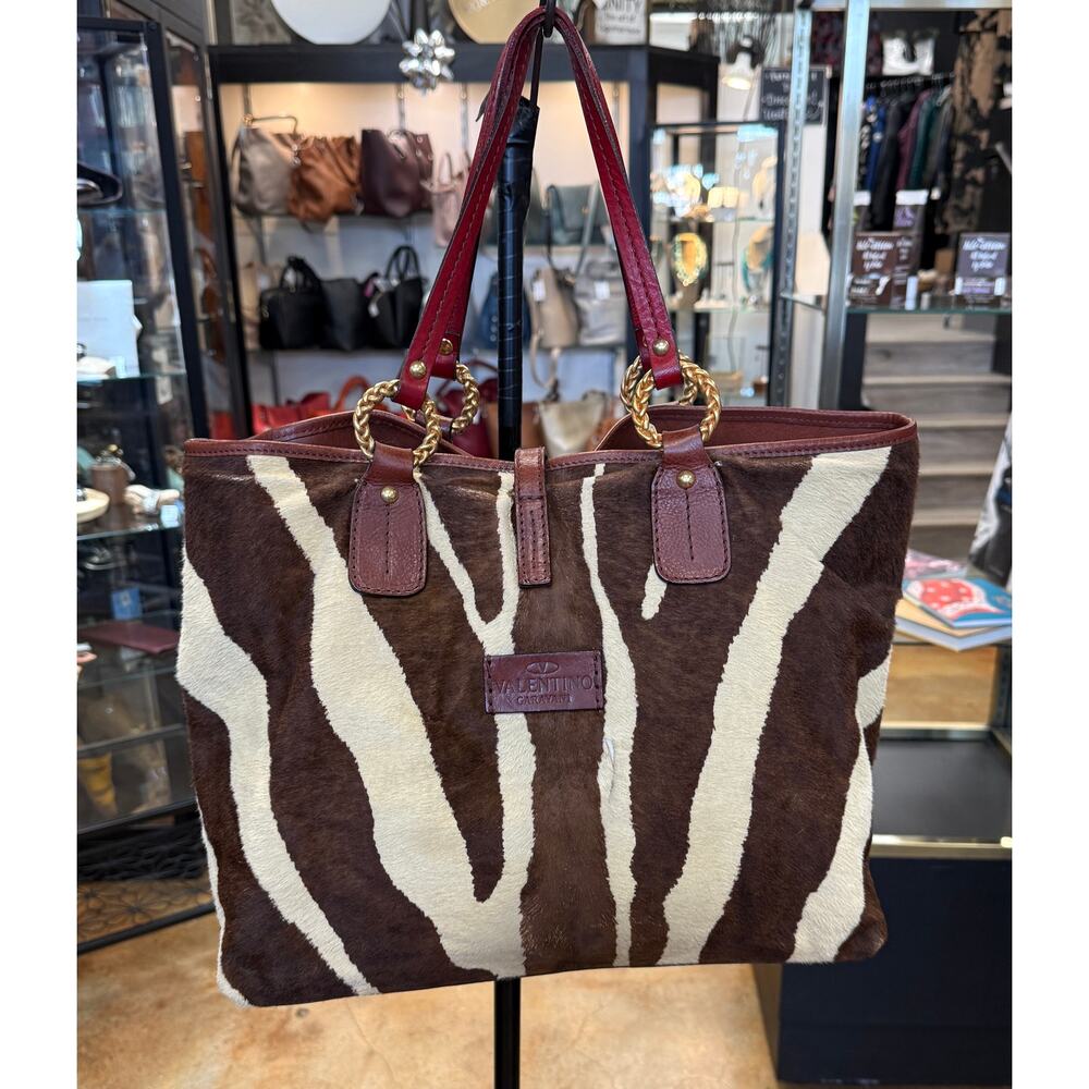 VALENTINO Garavani Calfskin Zebra Print Pony Hair Hyde Leather Tote Bag